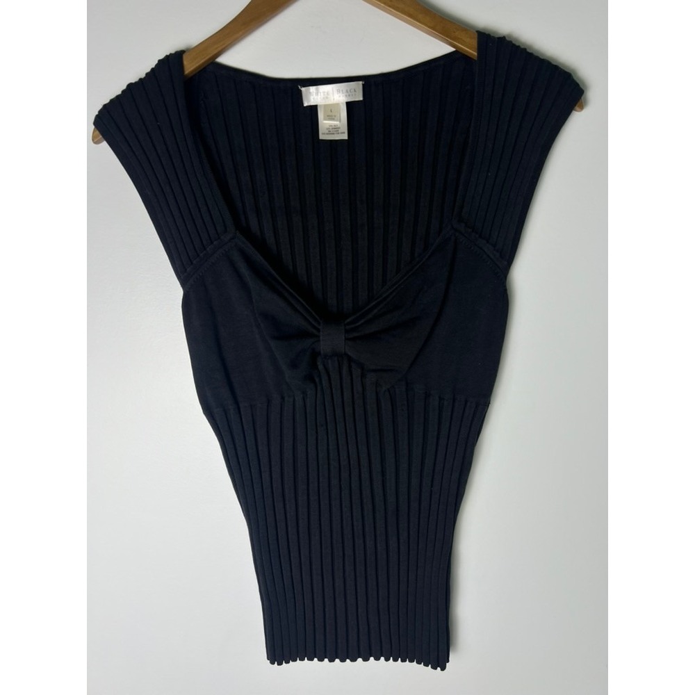 White House Black Market Knit Top Wm L Black‎ Silk Blend Ribbed Bow Minimalist
